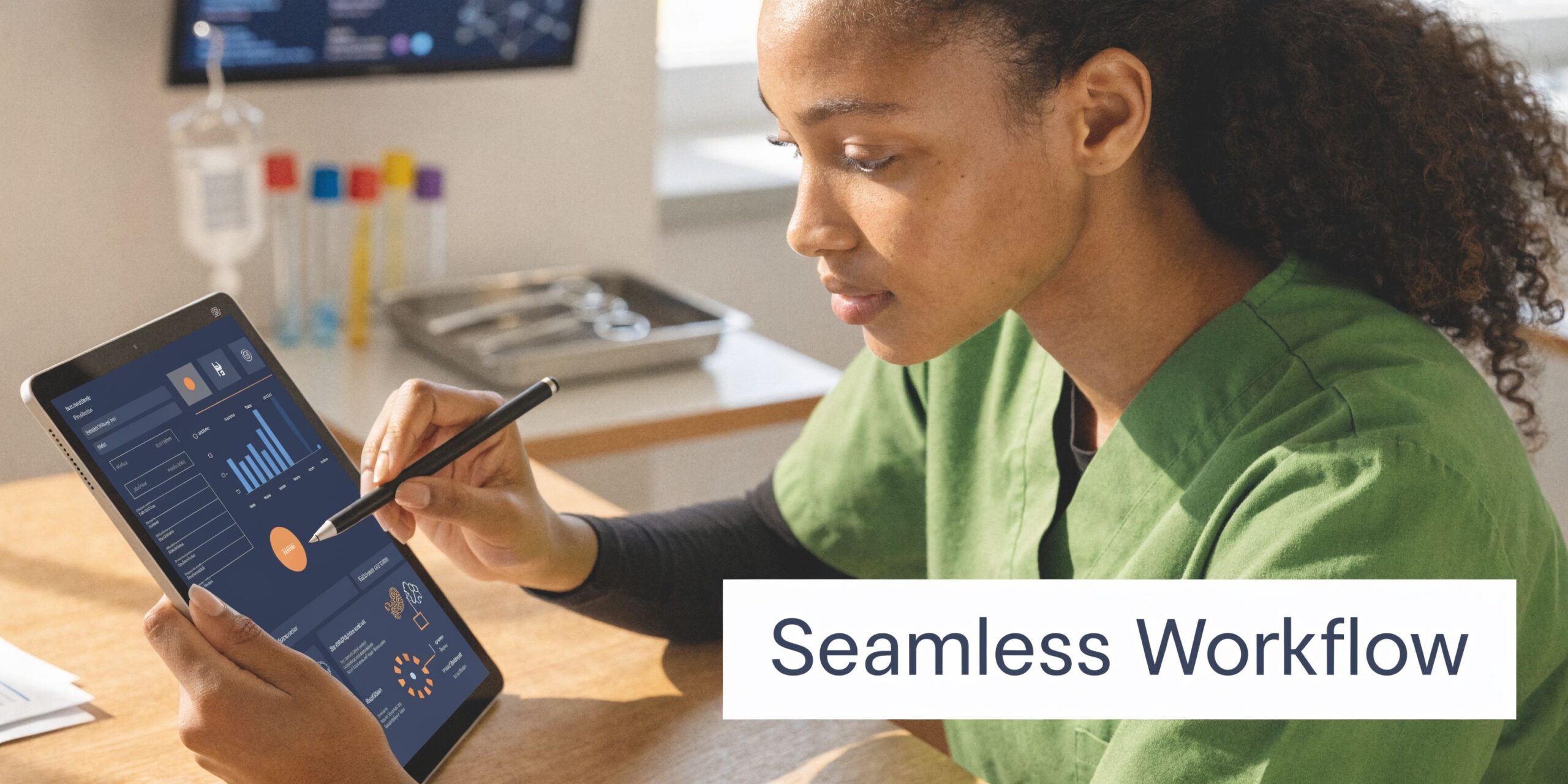 A healthcare professional using a tablet with data analytics in a modern clinic for seamless workflow.