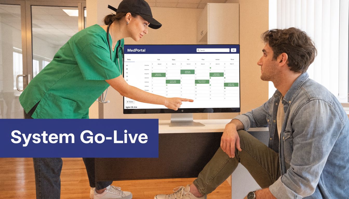 A female doctor in a medical office points to an appointment scheduling interface on a computer monitor.