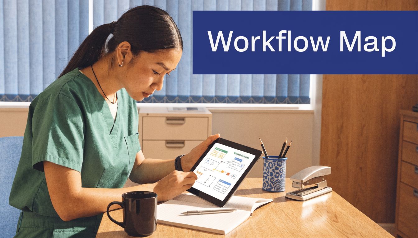 A healthcare professional in scrubs reviewing a digital workflow map on a tablet at a desk.