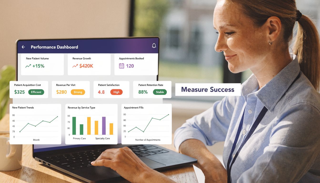 A professional woman viewing a medical practice performance dashboard on her laptop screen.