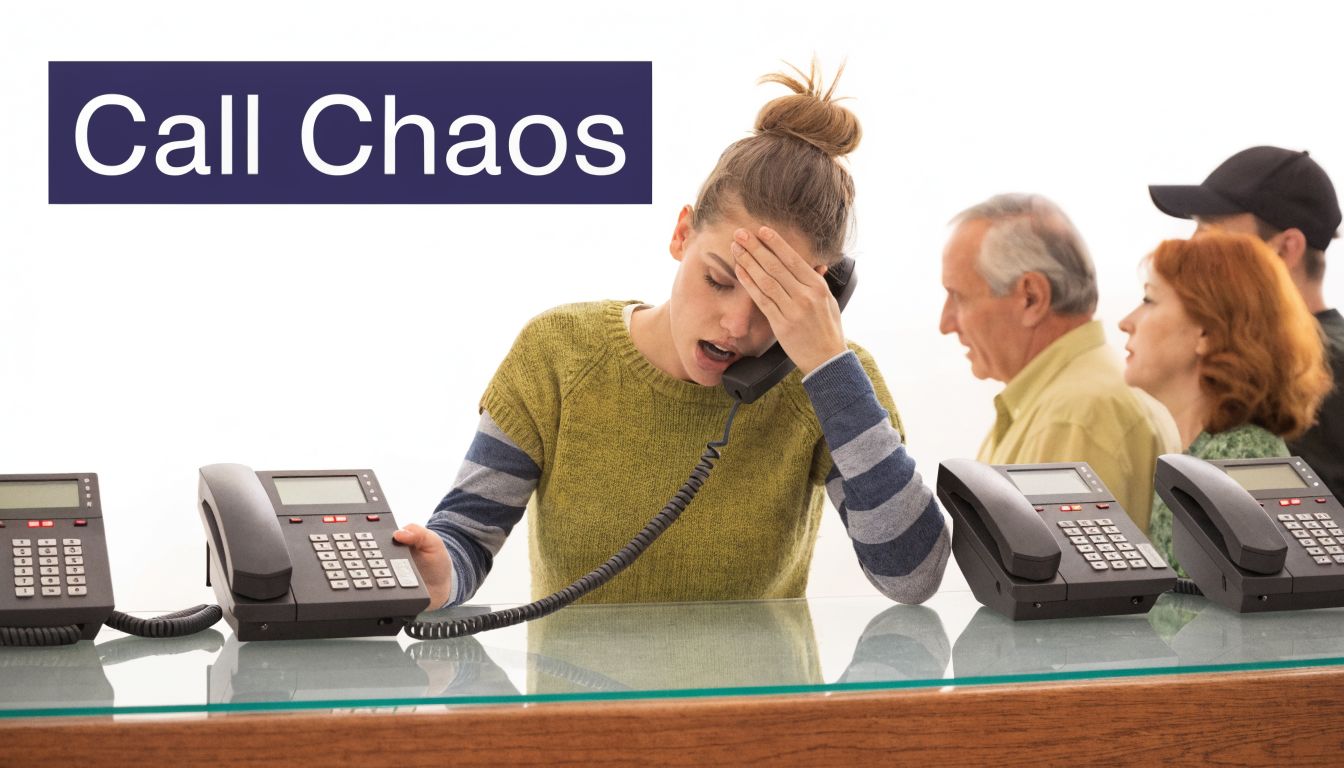A stressed customer service representative holding a telephone receiver while sitting behind a desk with multiple phones.