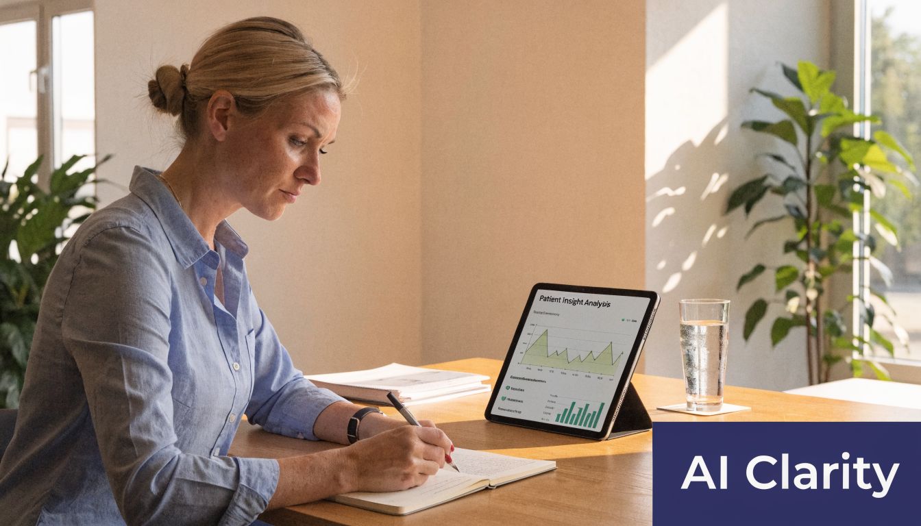 A professional woman writing in a notebook while looking at healthcare data on a tablet computer.