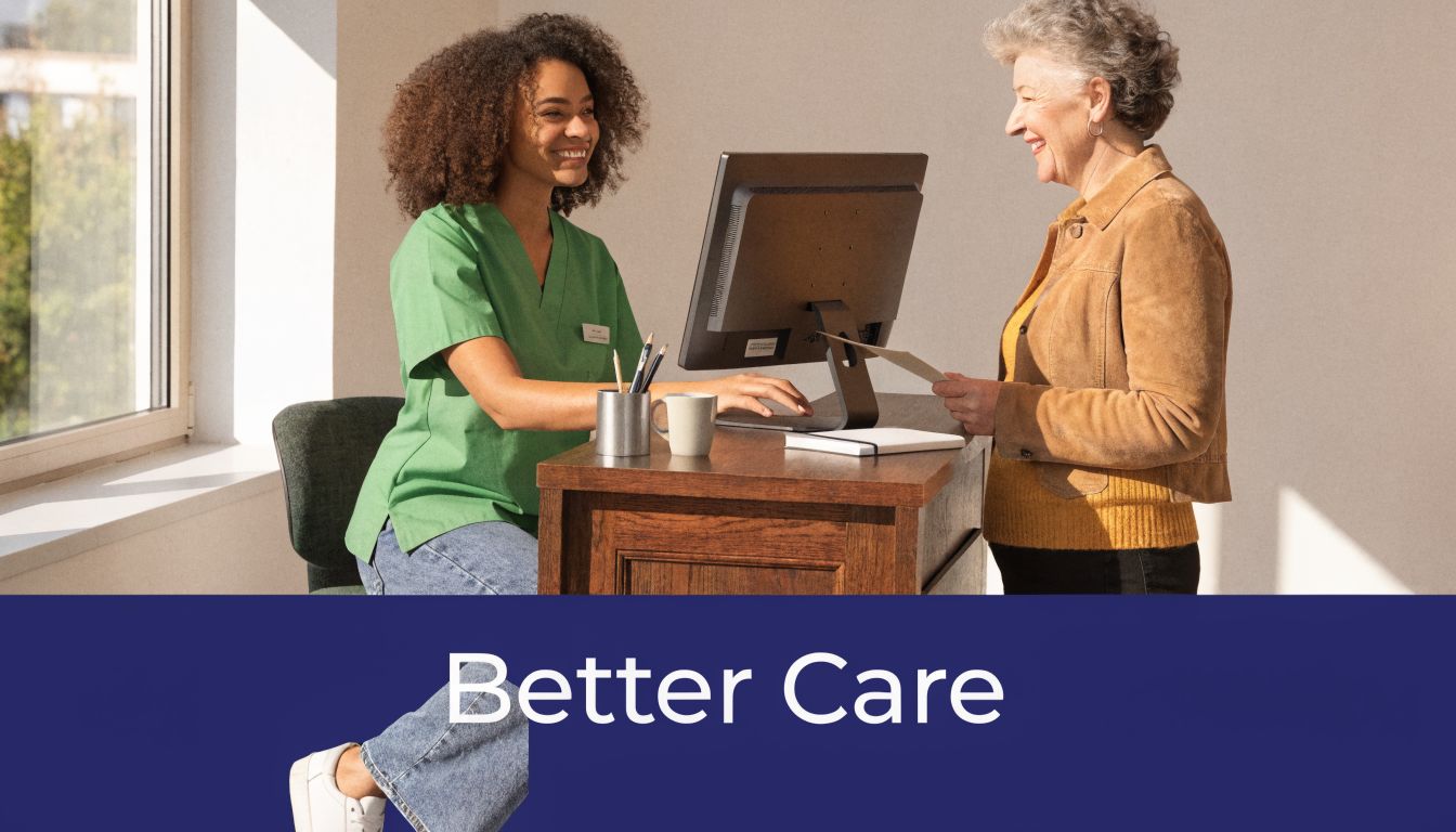 A smiling healthcare worker assisting an elderly woman at a front desk with a computer.