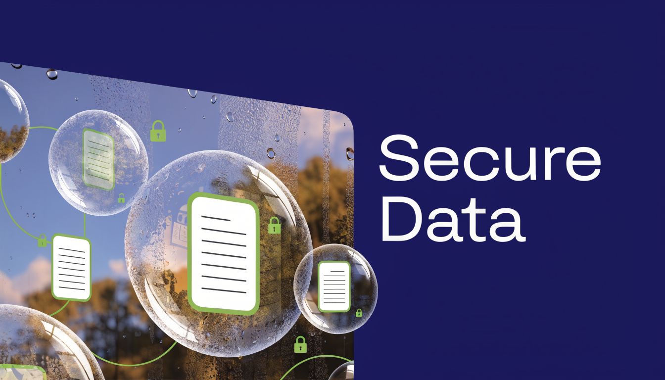 A digital graphic featuring stylized bubbles protecting document icons against a dark blue background with secure text.