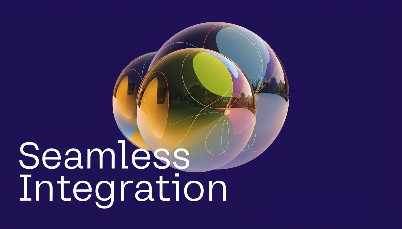 A modern graphic design featuring several translucent, interconnected bubbles floating against a deep purple background with text.