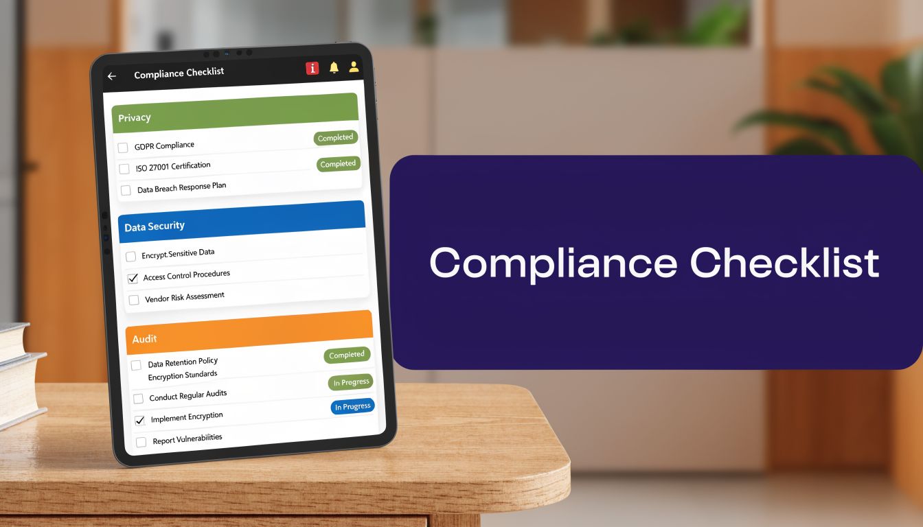 A digital tablet displaying a compliance checklist screen on a wooden desk with a large heading visible.