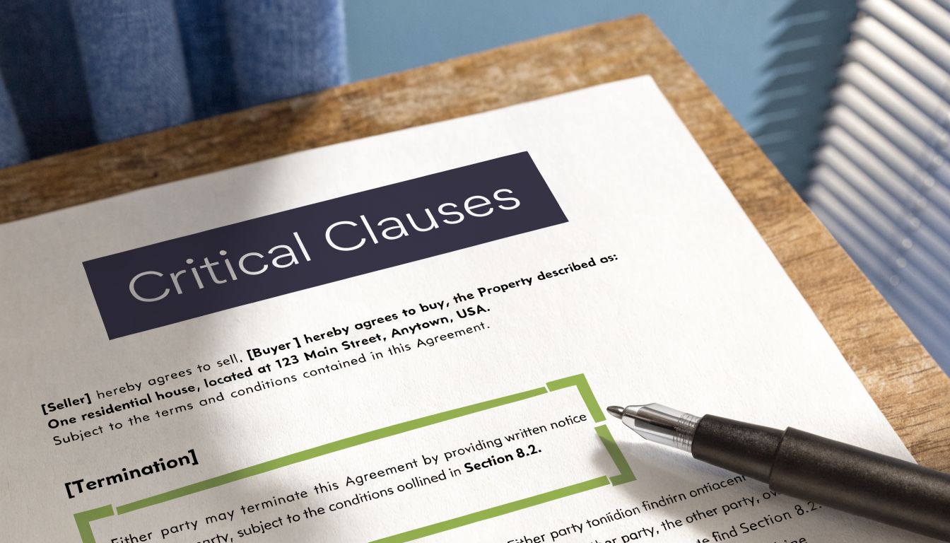 A document titled Critical Clauses resting on a wooden desk with a black ballpoint pen nearby.