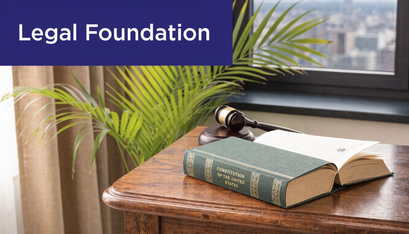 A wooden table featuring an open book titled Constitution of the United States and a wooden gavel.