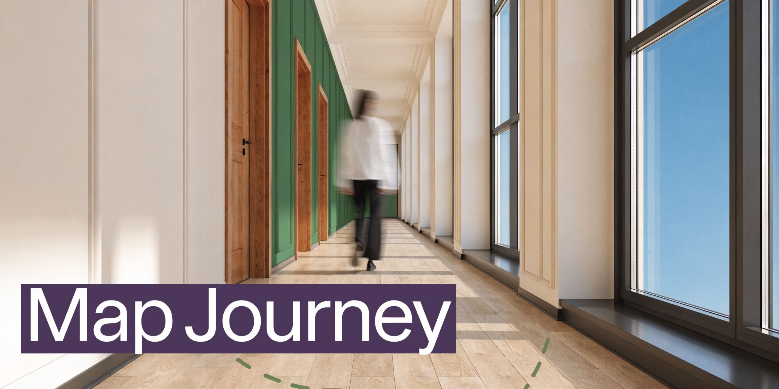 A blurry figure walking down a bright, modern hallway lined with wooden doors and large windows.