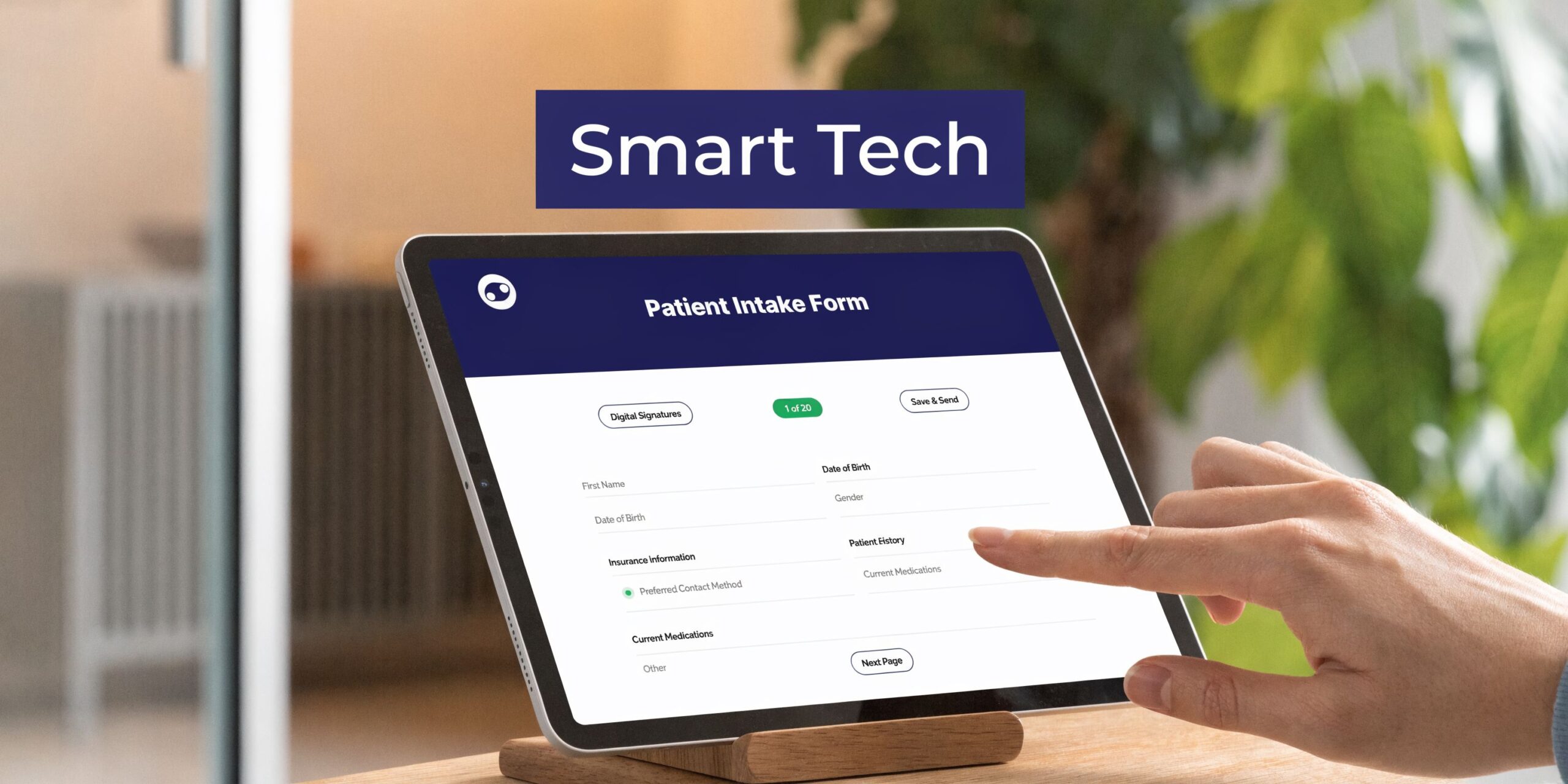 A person using a tablet to fill out a digital patient intake form in a clinic.
