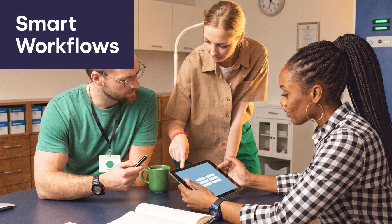 Three healthcare professionals collaborating and discussing a digital workflow on a tablet in a clinical office setting.