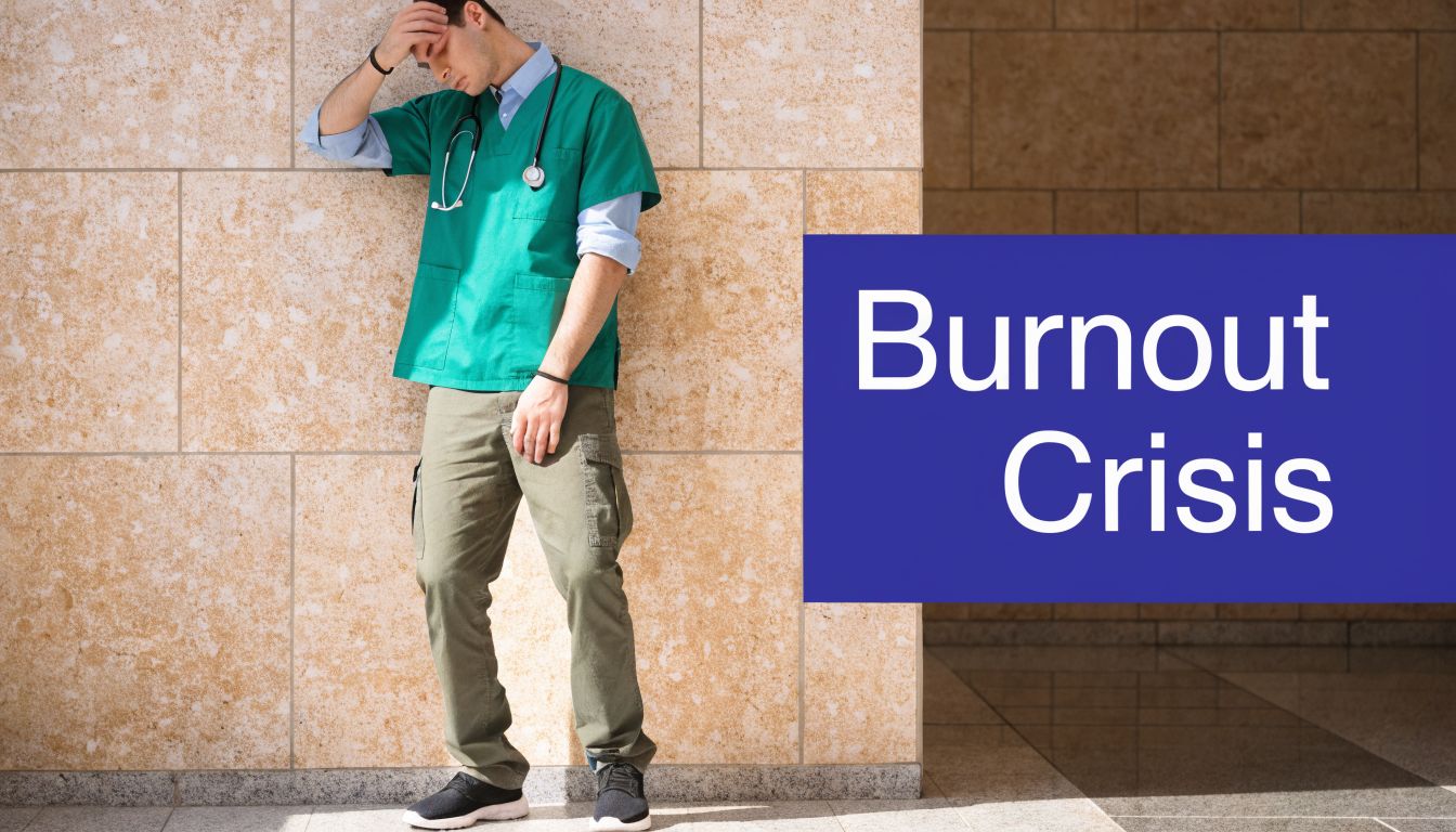 A tired healthcare worker leaning against a wall, illustrating the professional challenges of physician burnout crisis.