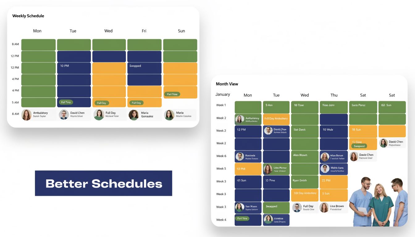A digital display showing weekly and monthly medical staff scheduling calendars to help manage physician workloads.
