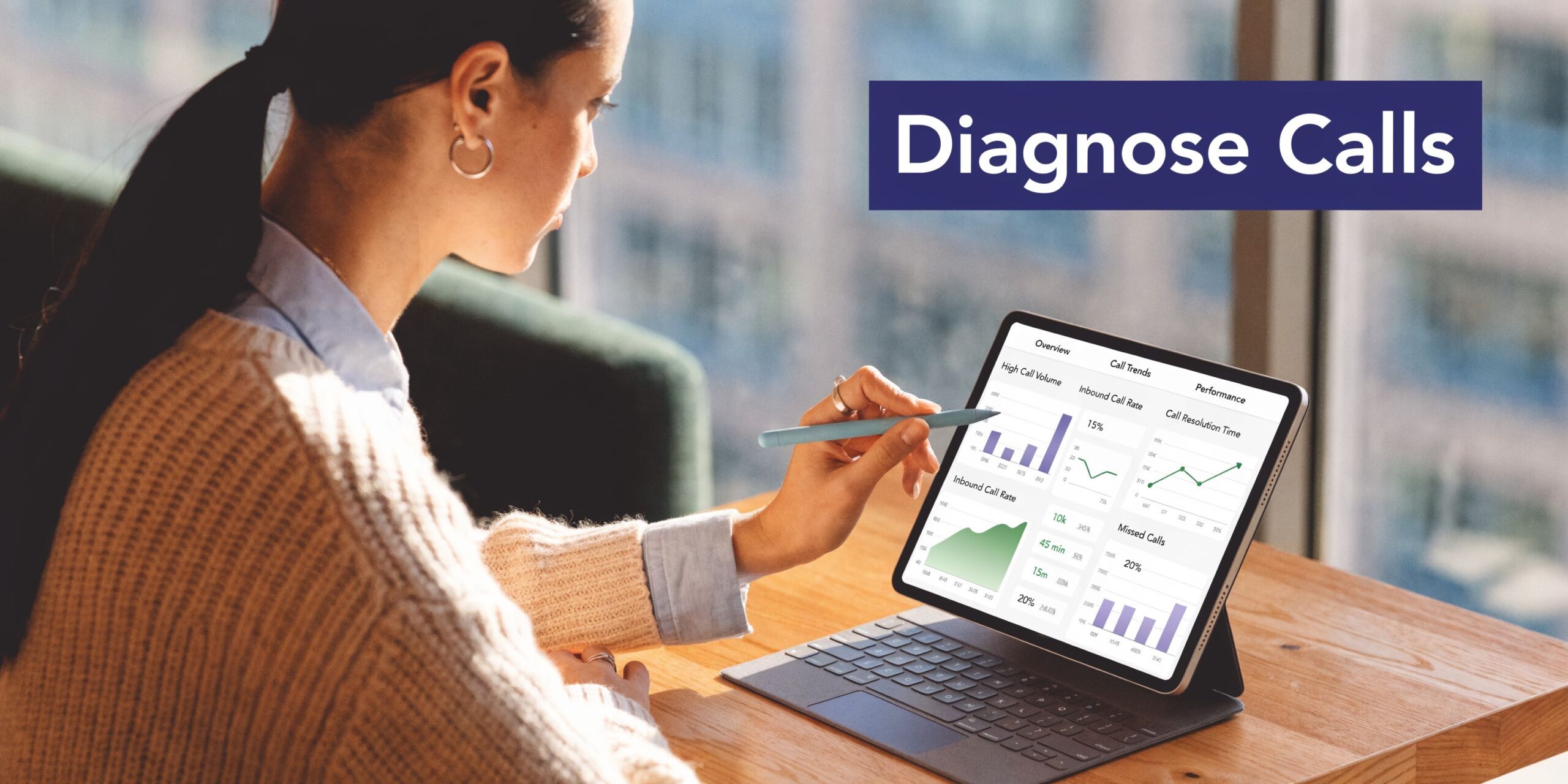 A woman reviewing call center analytics on a tablet screen to identify trends and performance metrics.