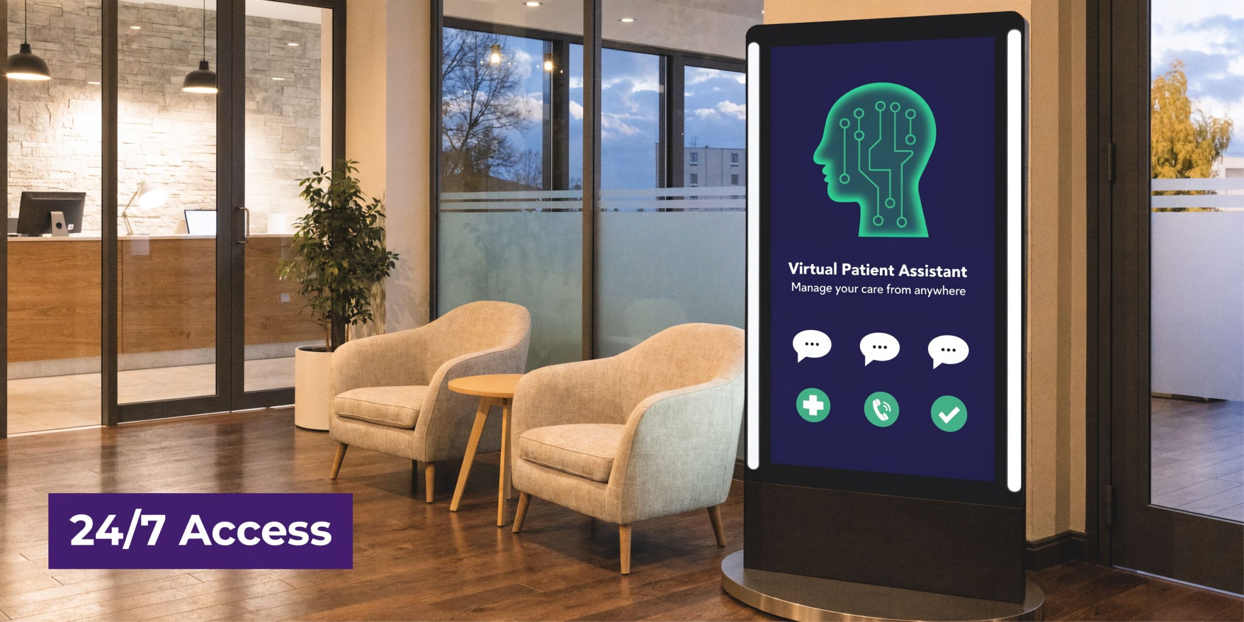 A digital kiosk displaying a Virtual Patient Assistant interface inside a modern medical waiting room area.