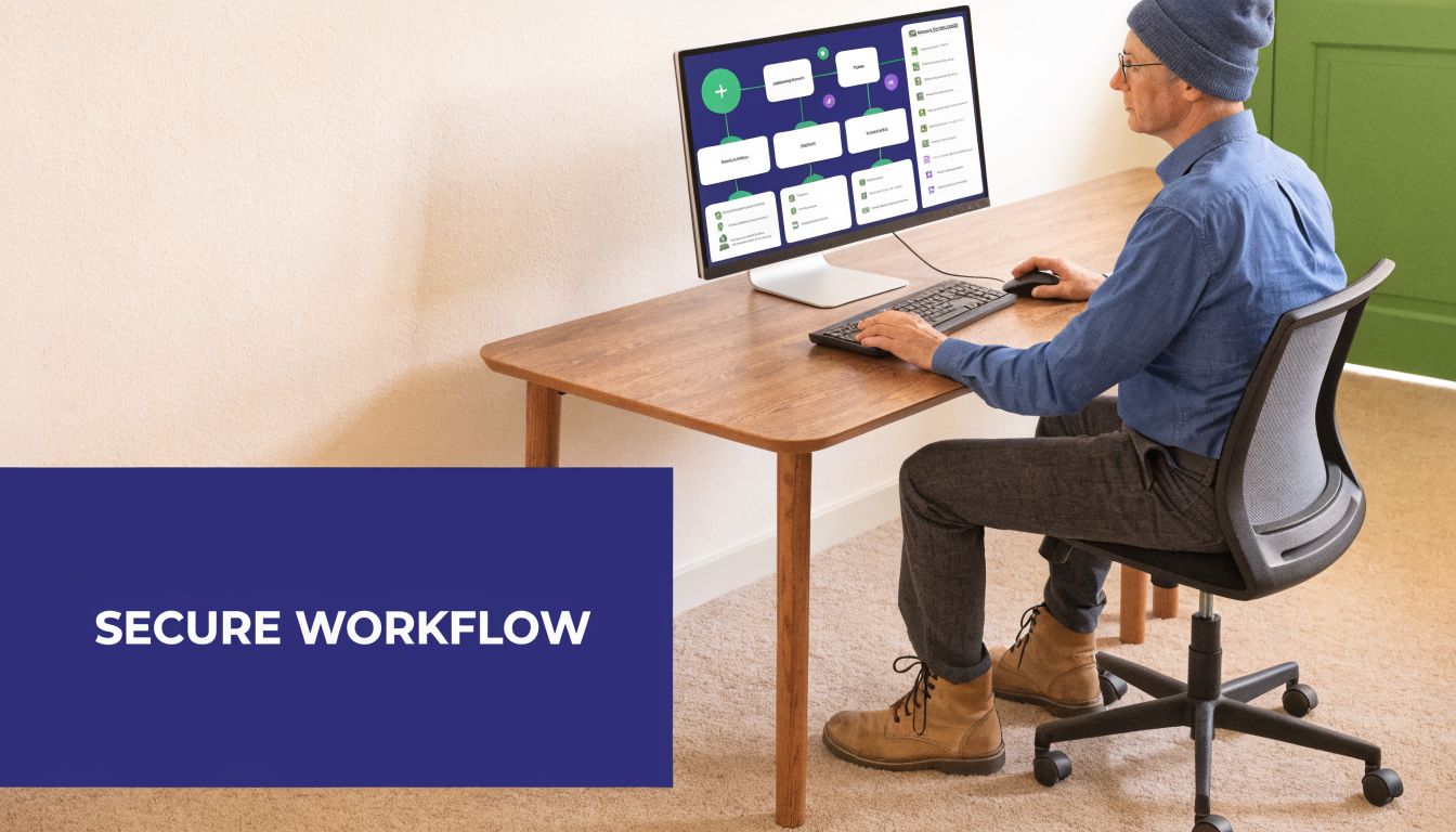 A man wearing a blue shirt and beanie sitting at a wooden desk using a computer for workflow.