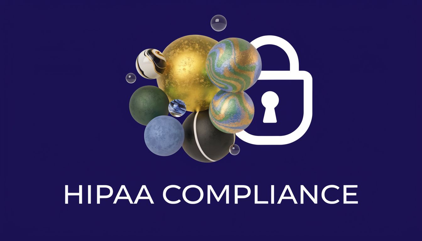 A digital graphic featuring a white lock icon surrounded by various abstract spheres over purple background