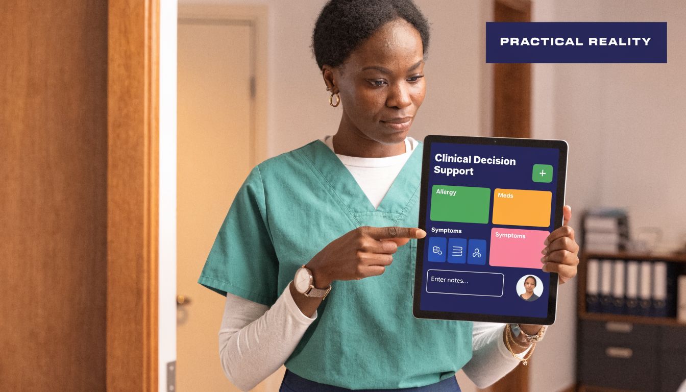 A healthcare professional showing a digital clinical decision support tablet screen to a patient or colleague.
