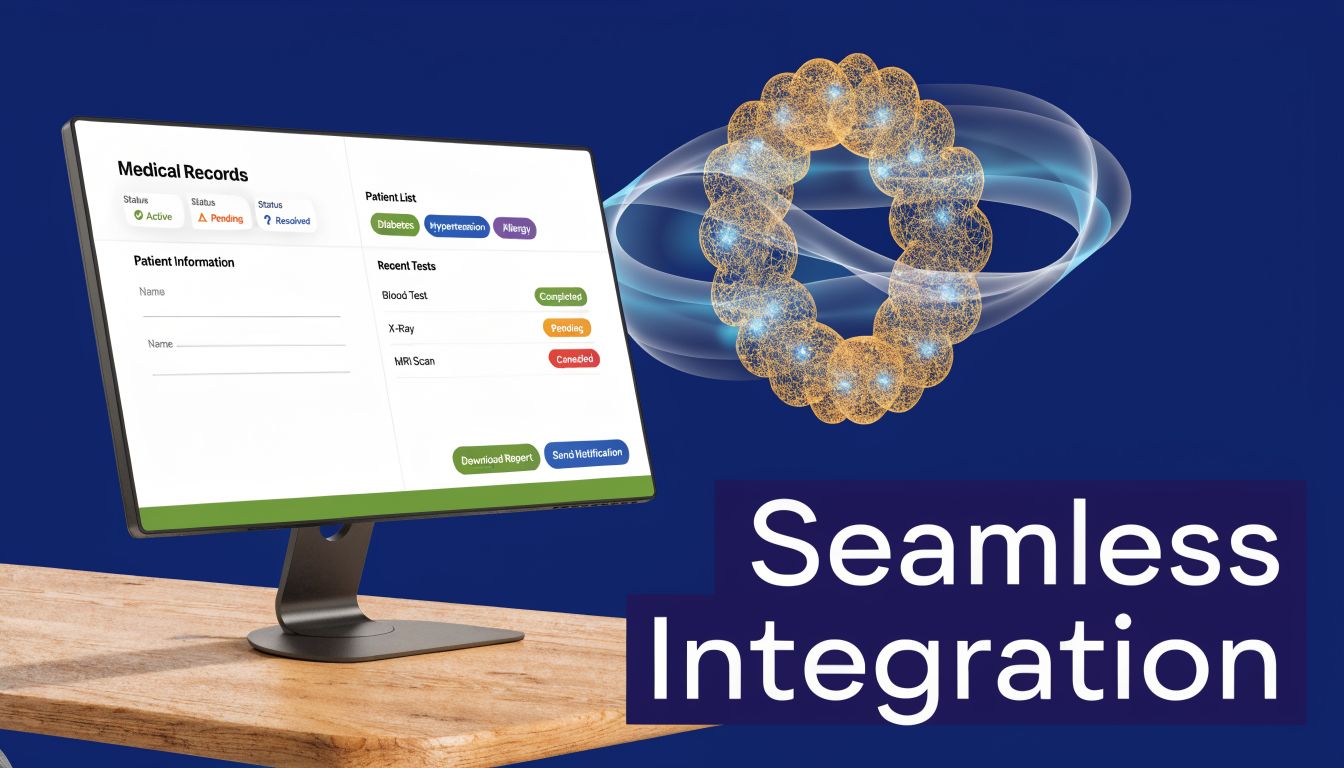 A computer monitor displaying medical record software beside an abstract golden digital neural network illustration.