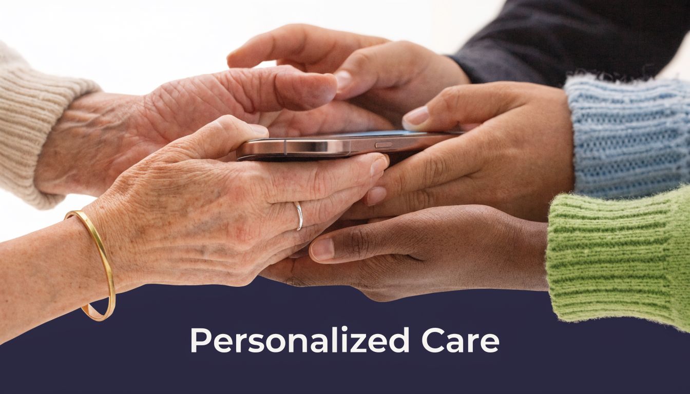Multiple hands of different generations holding a smartphone together to symbolize collaborative and personalized care.