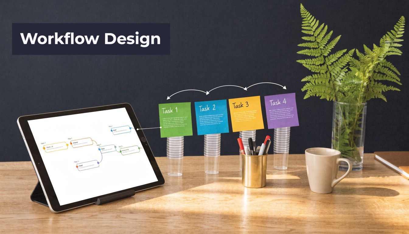 A digital tablet displaying a workflow chart next to sticky notes on plastic cups on a desk.