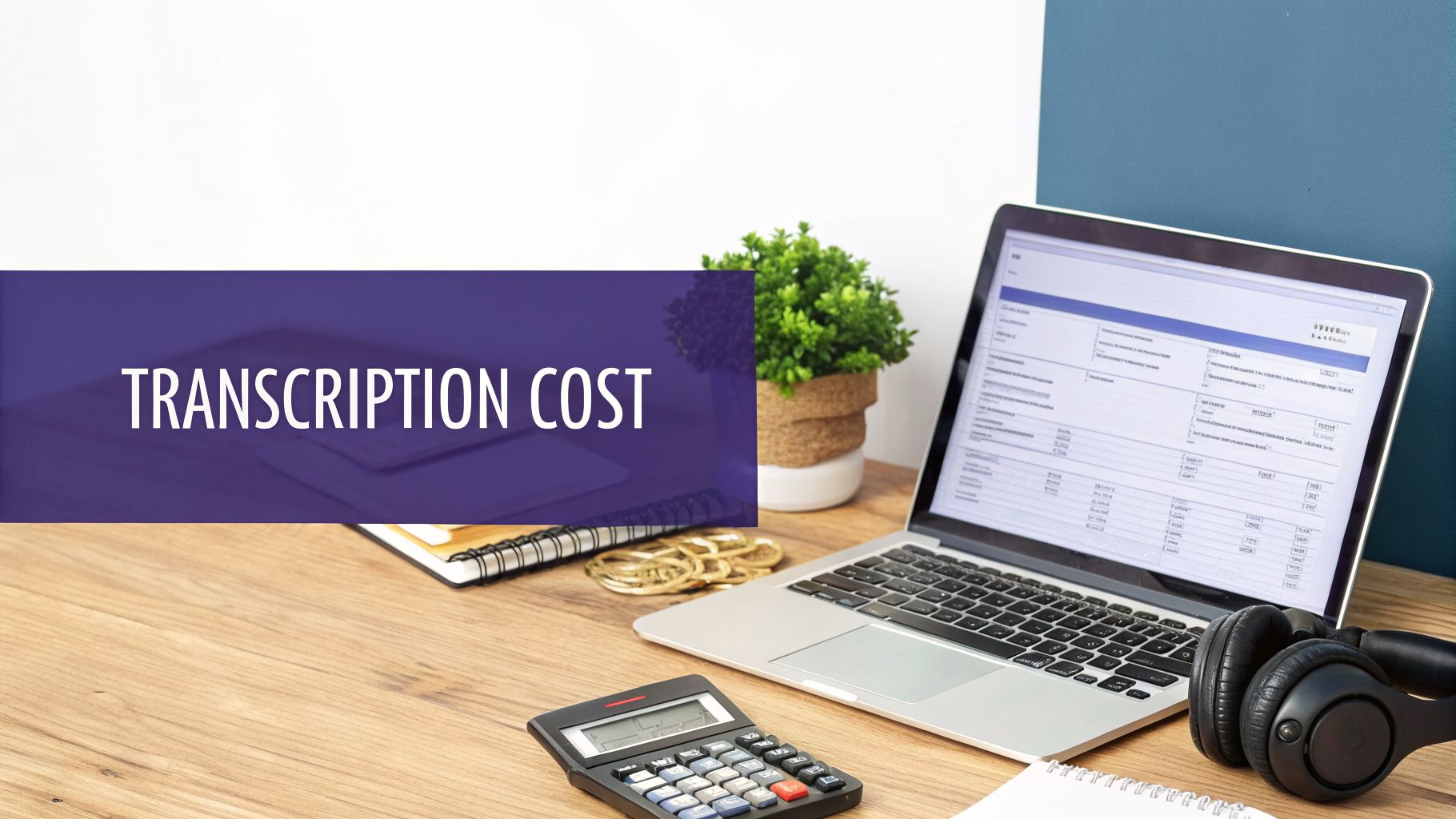 A desk with a laptop, calculator, and headphones, featuring a 'TRANSCRIPTION COST' banner for pricing.