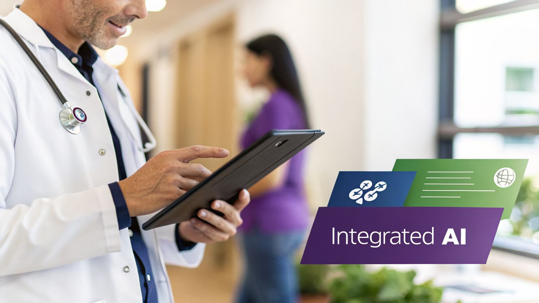 A smiling doctor in a white coat uses a tablet in a clinic, with 'Integrated AI' graphics.