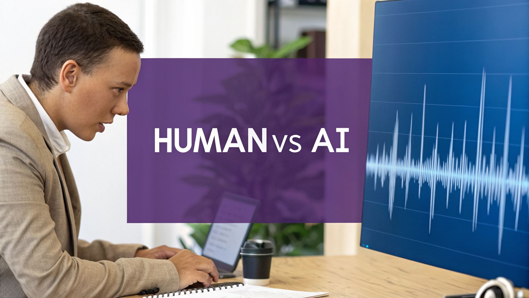 A man intensely works on a laptop at a desk with a monitor showing a waveform and 'HUMAN vs AI' text.