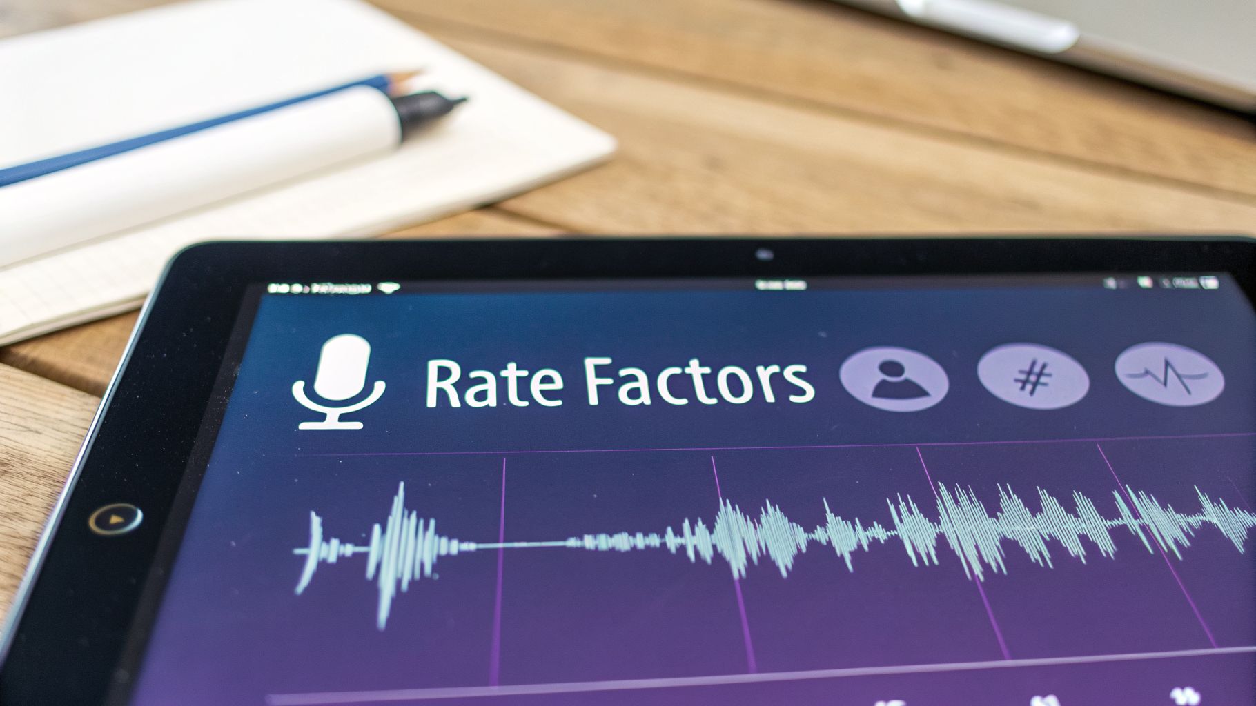A tablet screen displays an audio recording app with a microphone icon, 'Rate Factors' text, and sound waves.