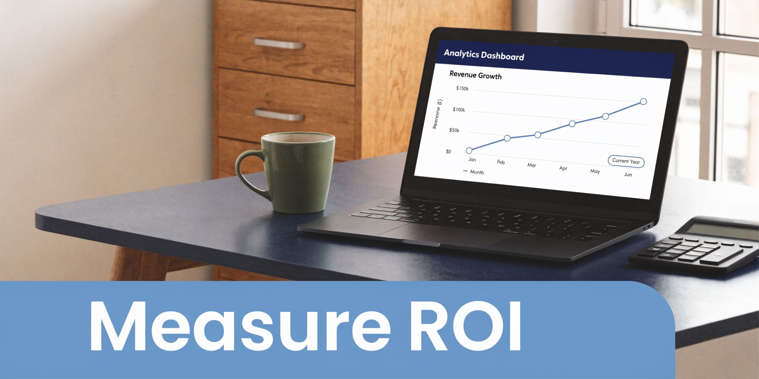 A laptop displays a revenue growth analytics dashboard on a desk with a coffee mug and calculator.