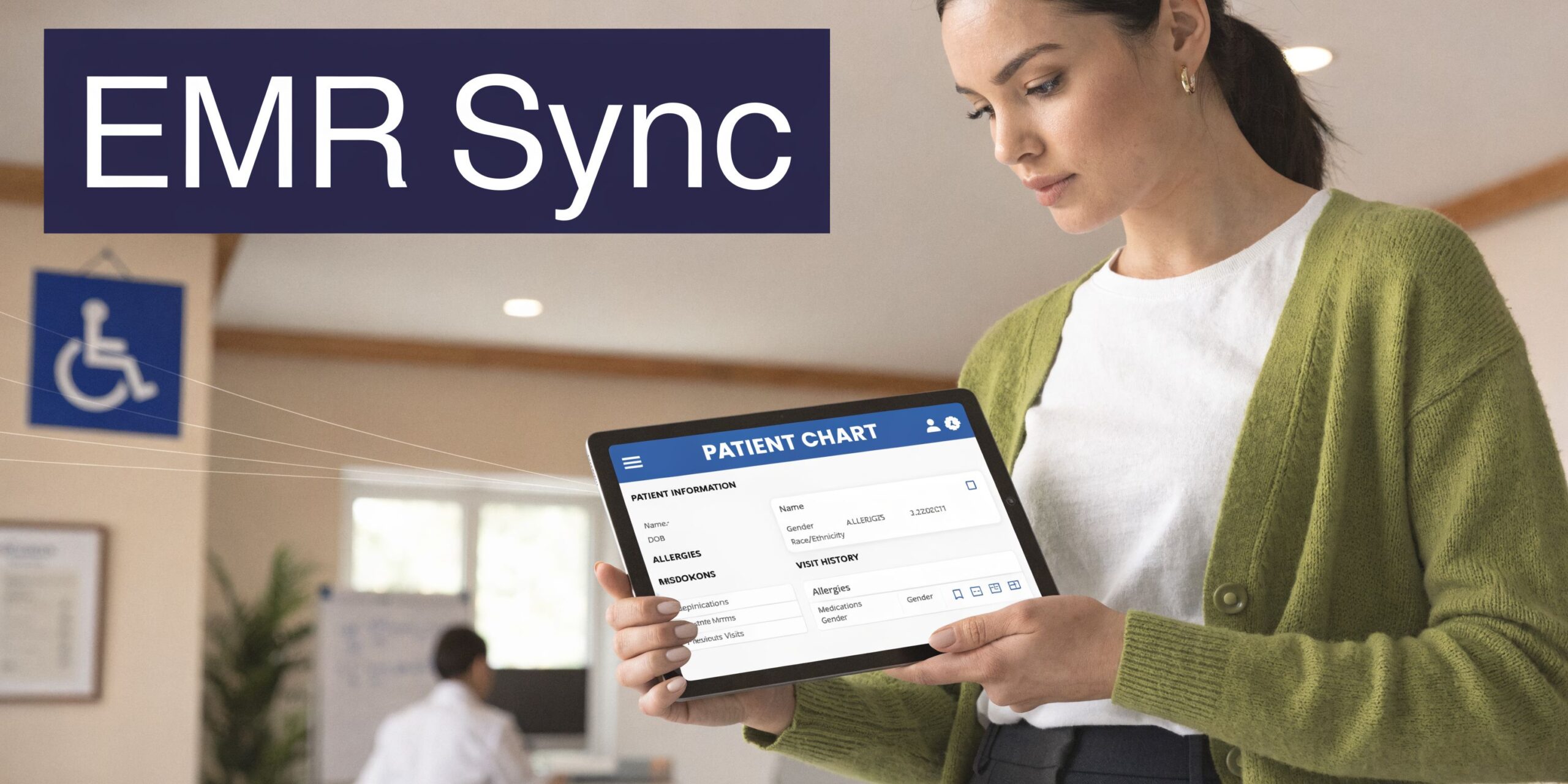 A healthcare worker holding a tablet displaying a patient chart interface, representing modern electronic medical record synchronization.