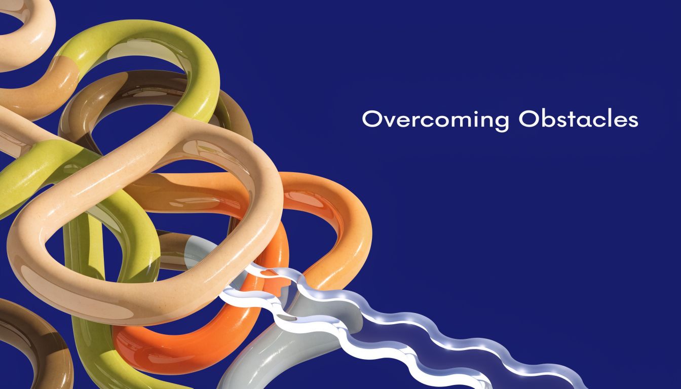 A 3D graphic showing colorful interconnected tubes and abstract shapes against a deep blue background.