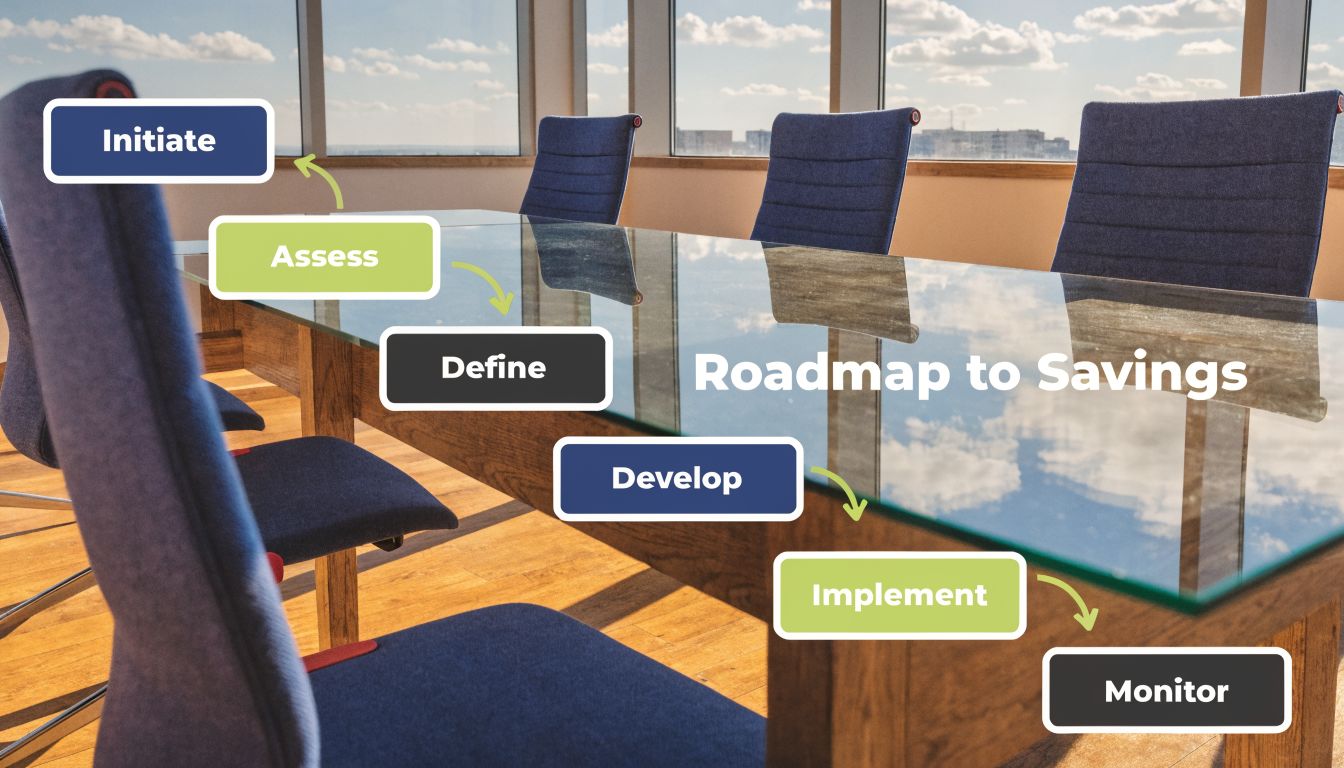 A professional conference room with a diagram illustrating a Roadmap to Savings process with six steps.