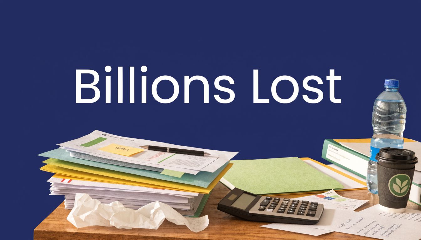 A wooden desk covered with stacks of documents, a calculator, a coffee cup, and a water bottle.