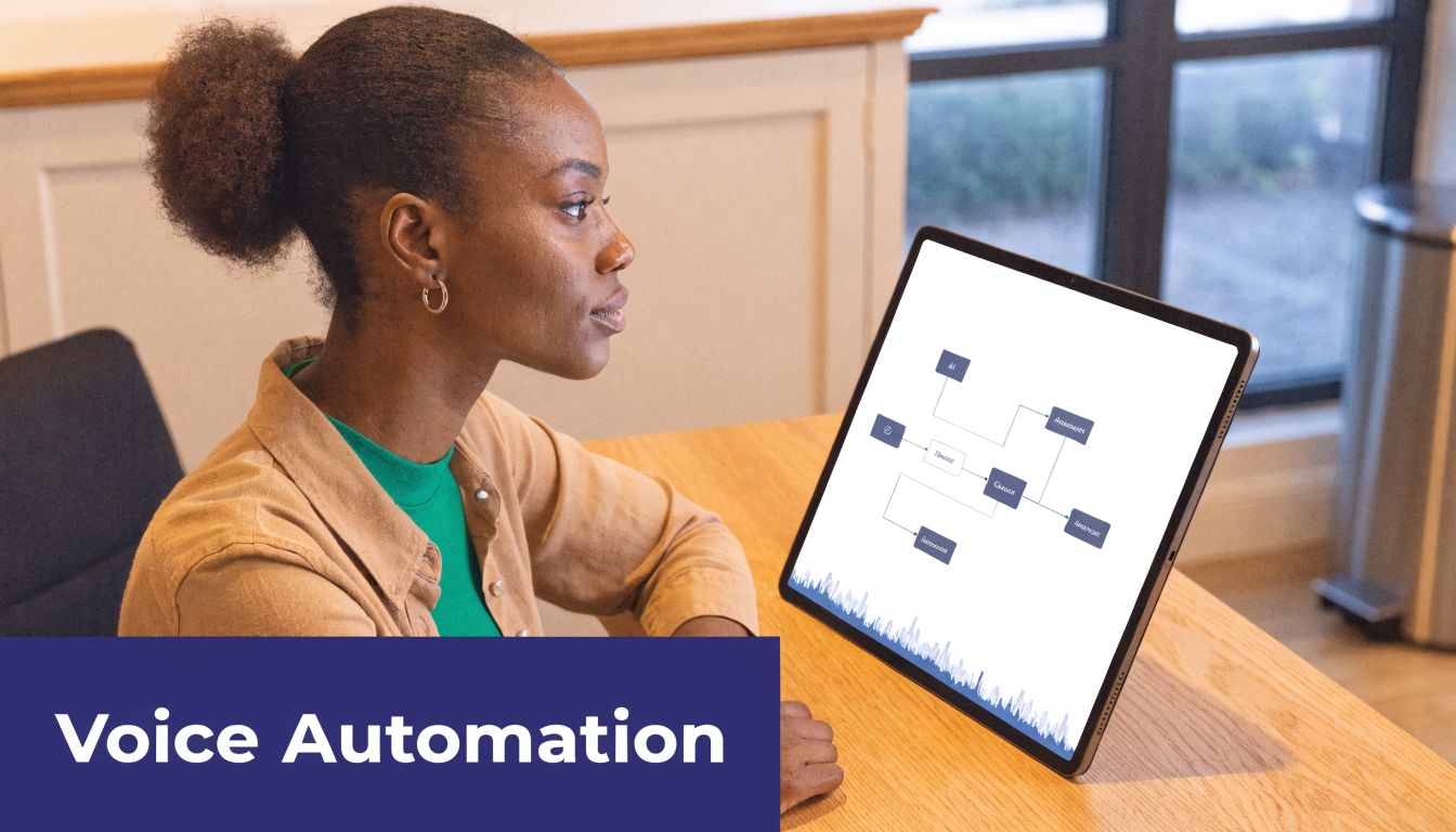 A professional woman looking at a tablet screen with a process flow diagram about voice automation technology.