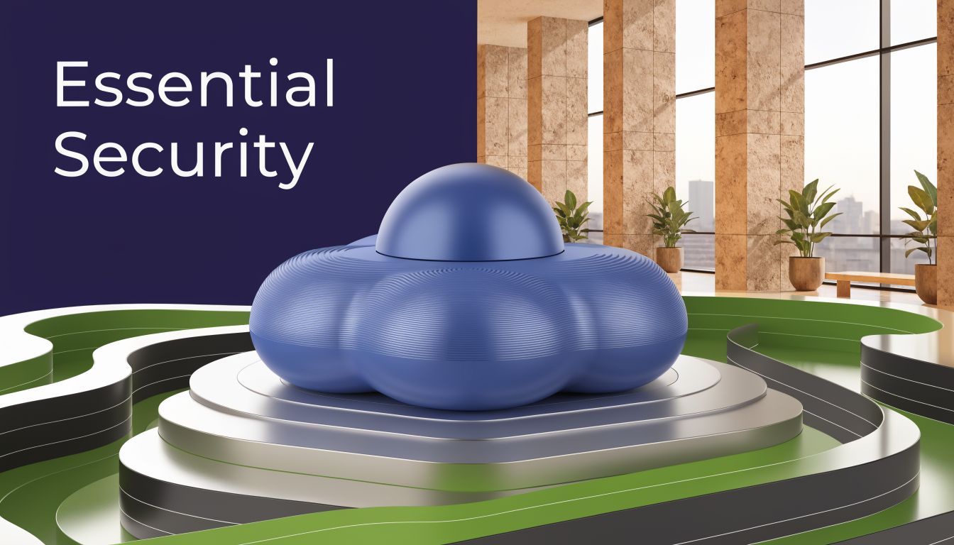 A 3D abstract blue cloud structure sits on a layered platform inside a modern office building.