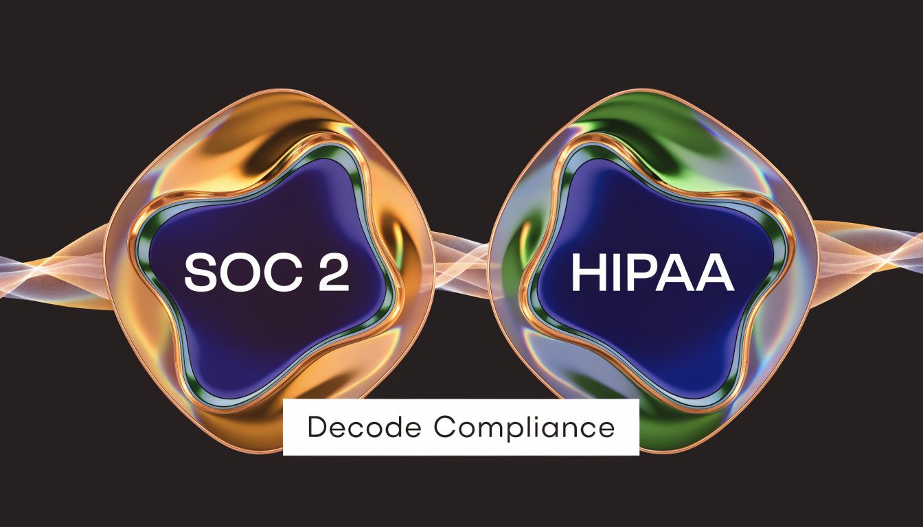 A digital graphic featuring stylized icons for SOC 2 and HIPAA compliance with text reading Decode Compliance.
