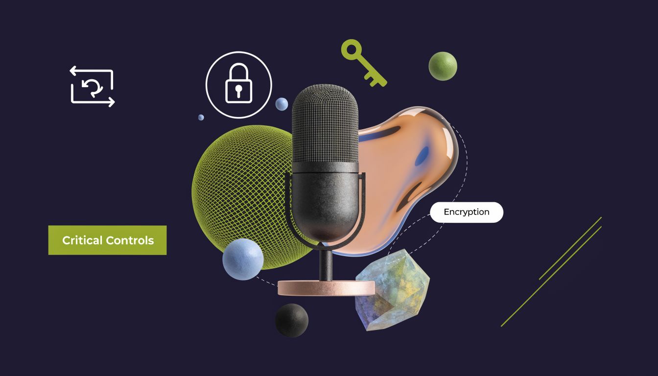 A 3D abstract graphic featuring a microphone, a padlock icon, and a key, symbolizing cybersecurity for voice agents.
