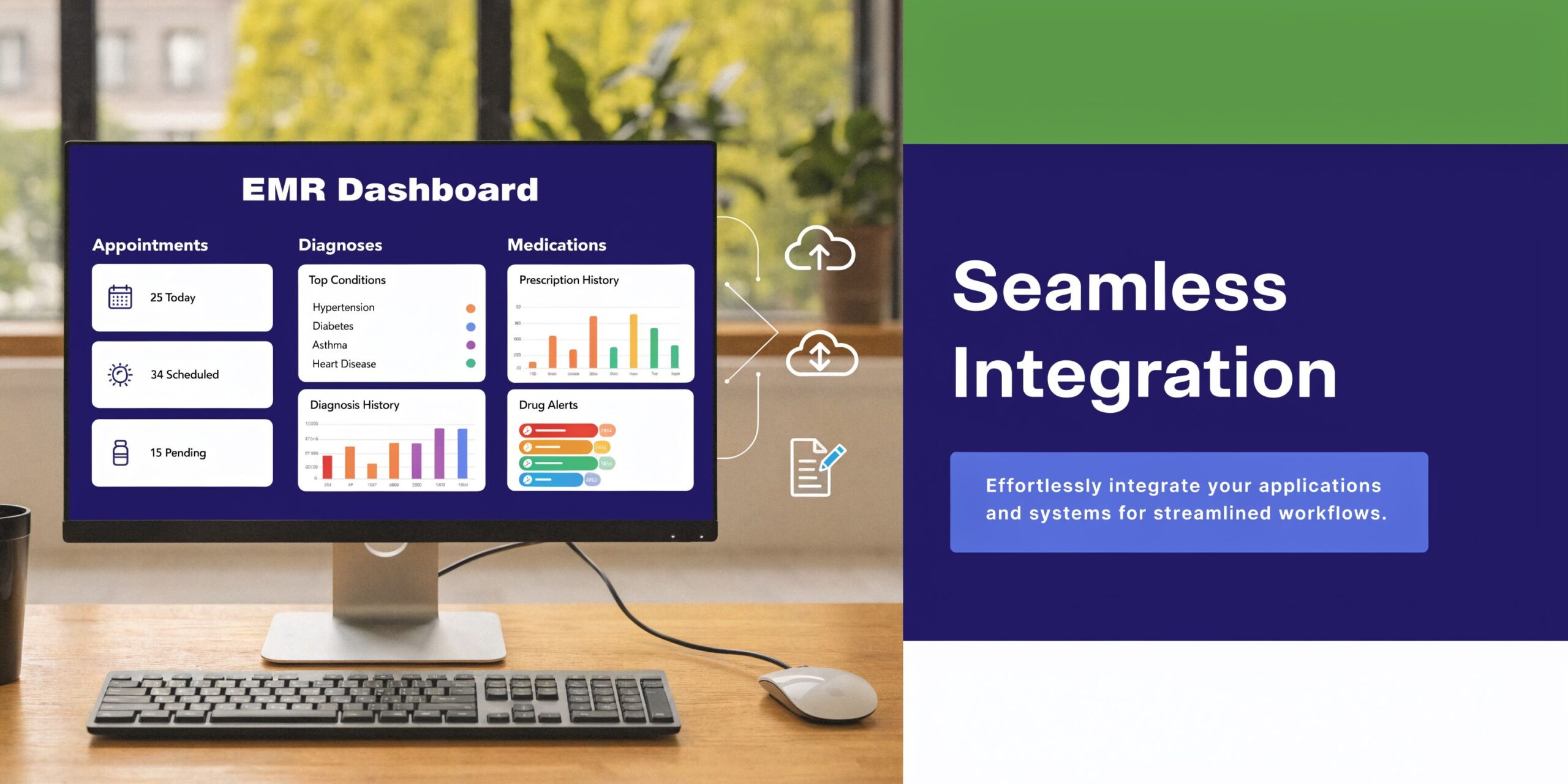 Computer monitor displaying an EMR dashboard for patient health management on a desk with keyboard and mouse.