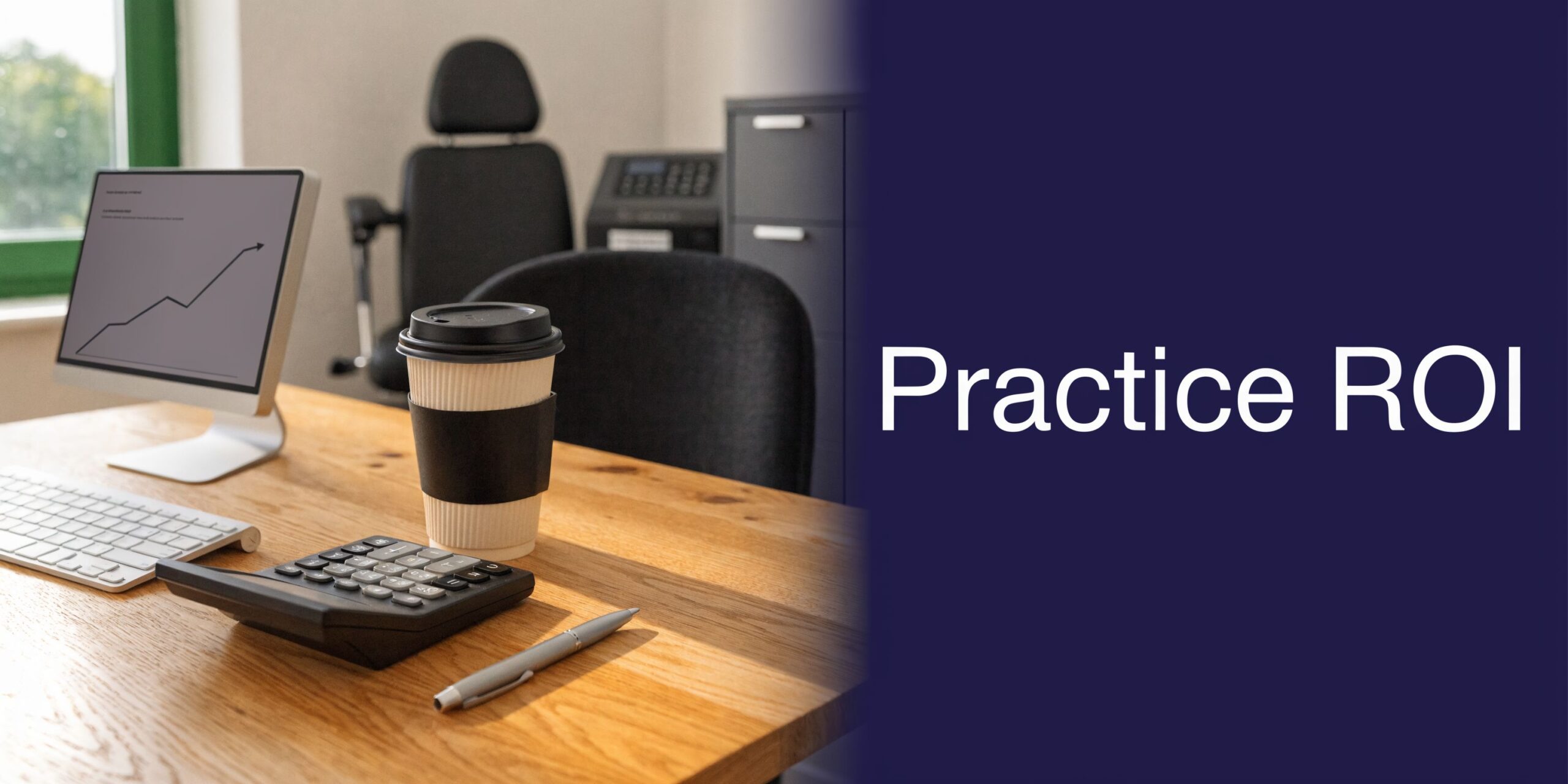 A professional home office workspace featuring a computer screen showing a growth chart and a calculator.