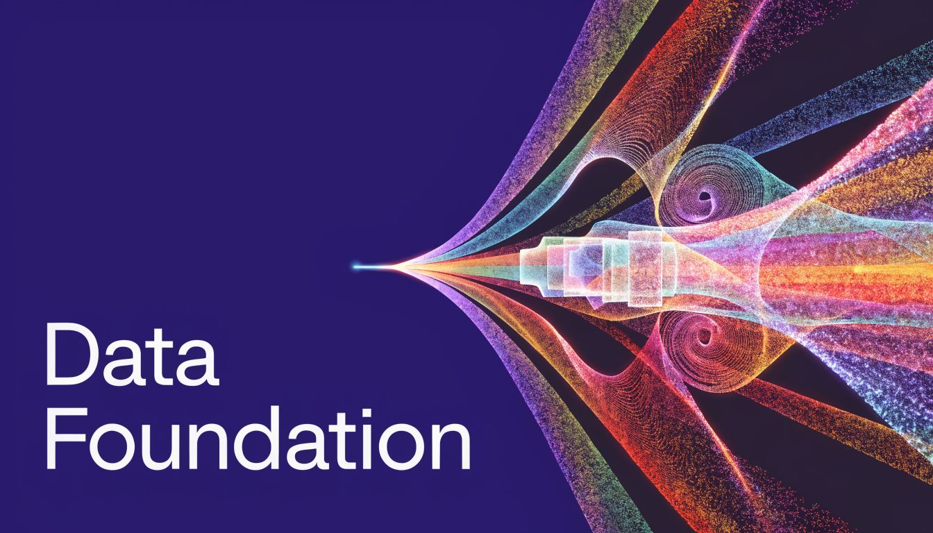A digital graphic featuring abstract, colorful light streams emerging from a point and the text Data Foundation.