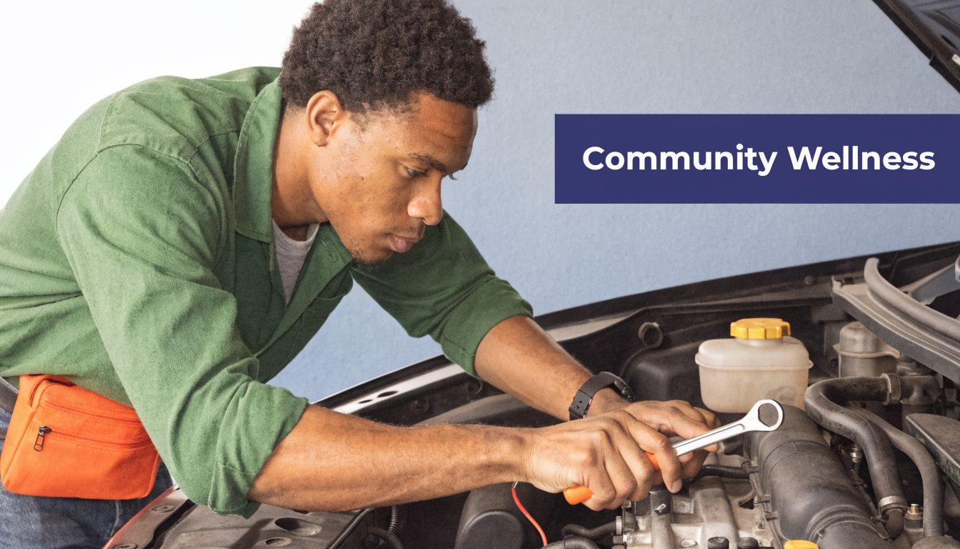 A focused mechanic wearing a green shirt works on a car engine while holding a metal wrench.