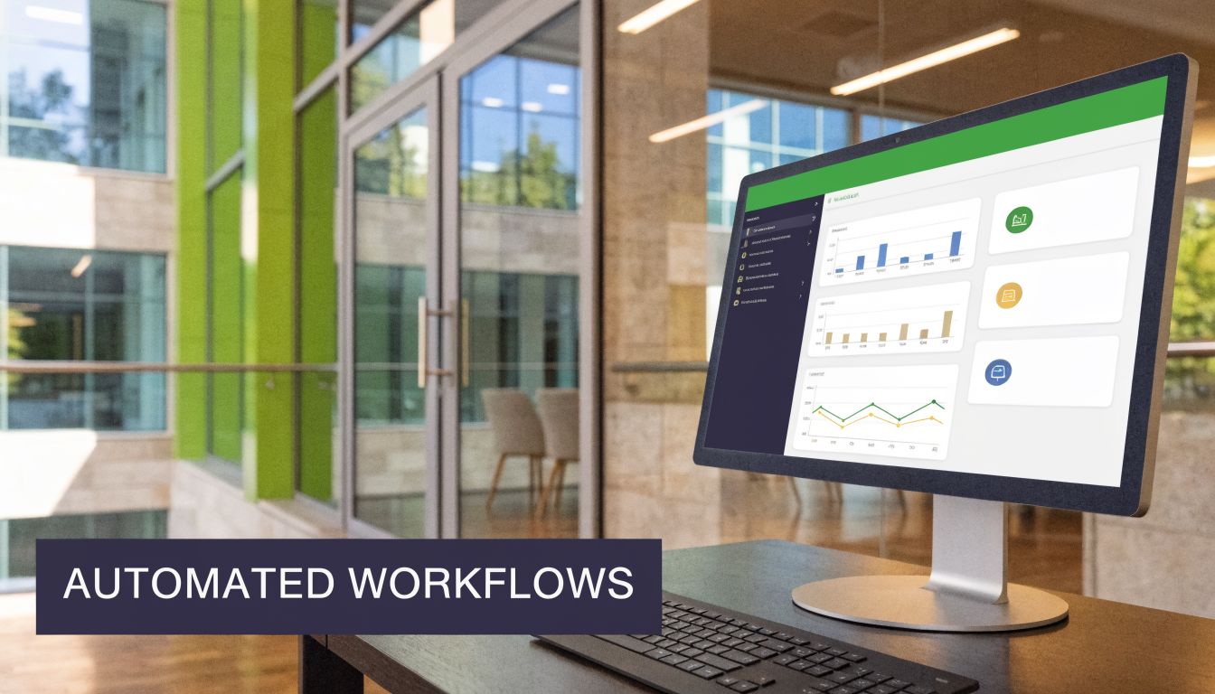 A modern office desktop monitor displaying a software dashboard with analytics, charts, and automated workflow business tools.