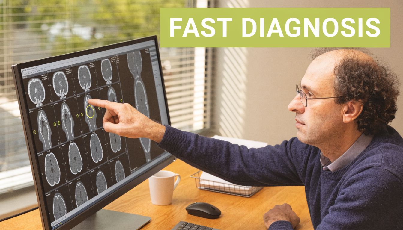 A doctor reviews medical brain scan images on a computer screen to make a fast diagnosis.