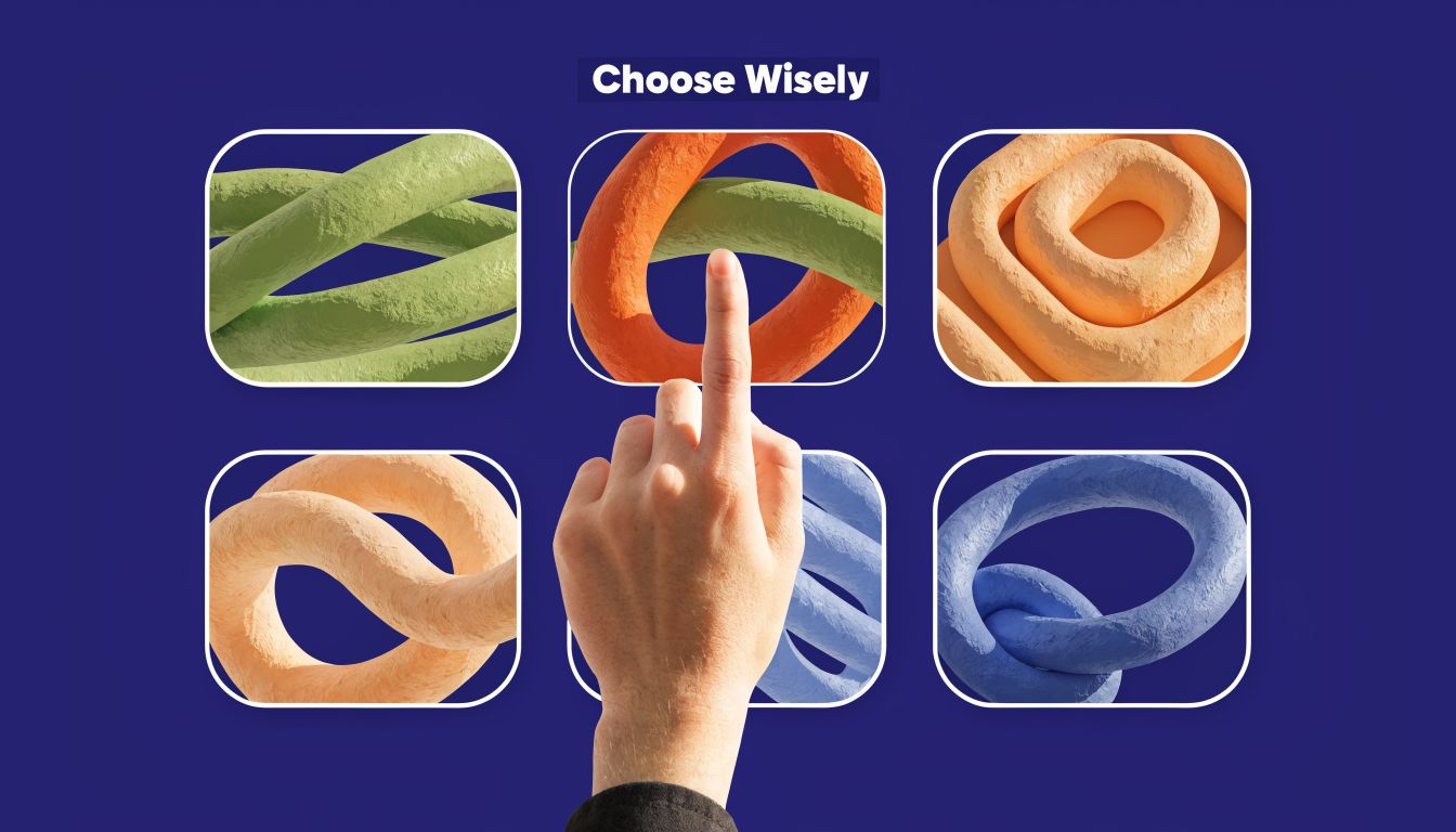 A human finger pointing at a choice among six colorful, textured 3D geometric loop shapes on blue.