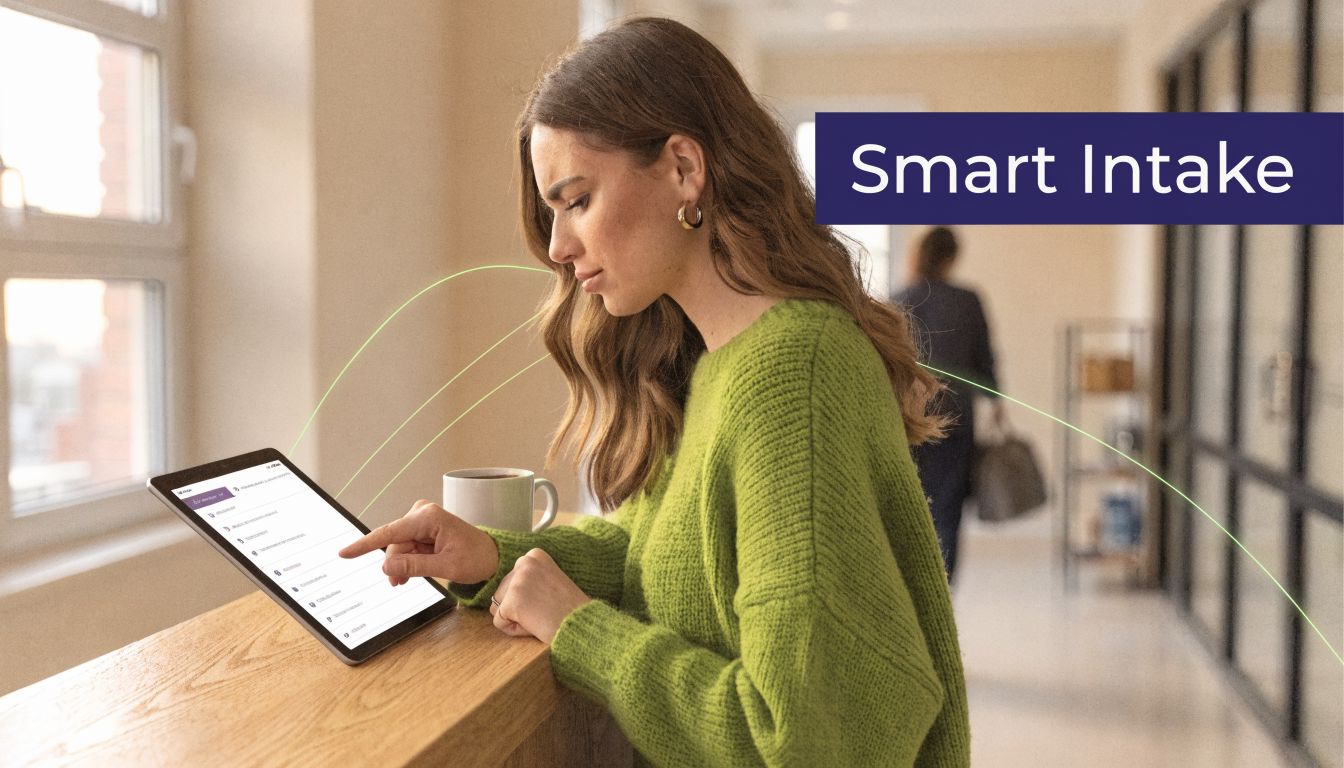 A woman using a tablet for digital patient intake at a modern office reception desk.