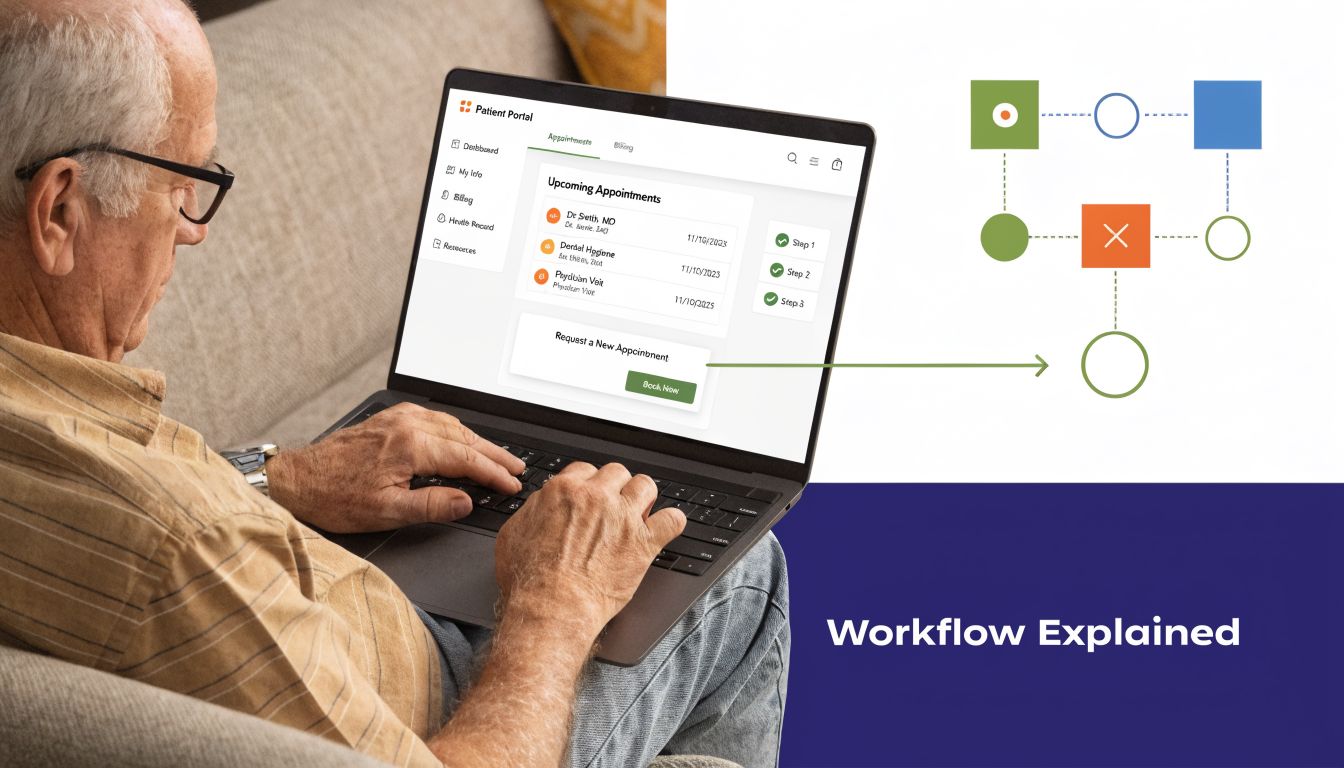 An elderly man using a laptop to manage his health appointments through an automated patient portal interface.