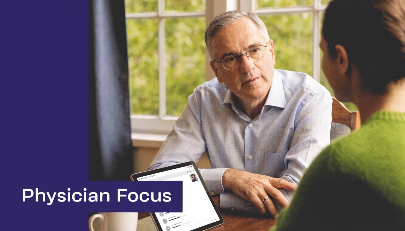 A professional doctor wearing glasses consults with a patient while using an AI tablet device.