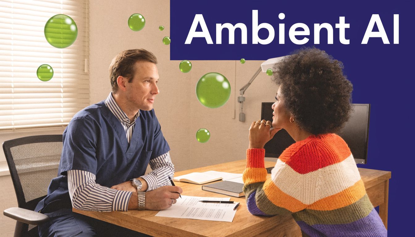 A healthcare professional talking to a patient in a medical office with digital bubble graphics overlaid.