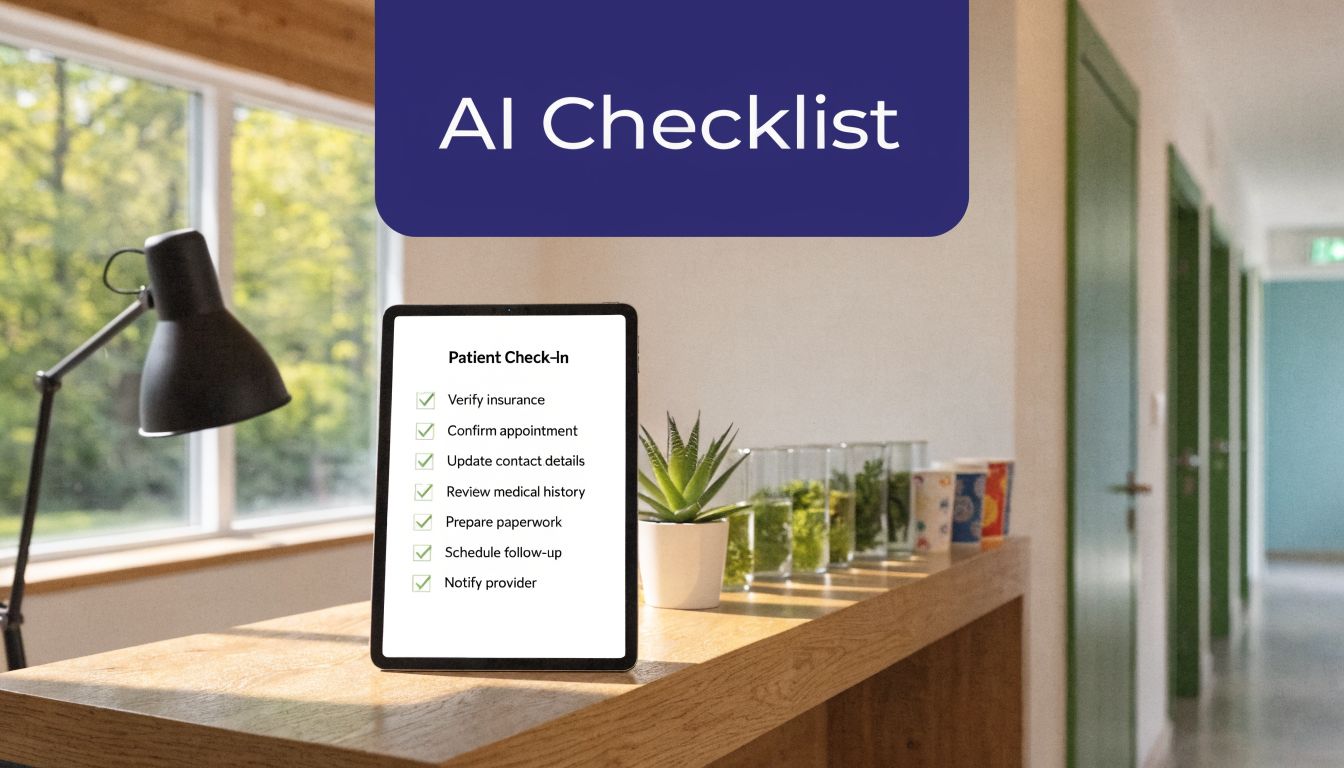 A digital tablet displaying a completed patient check-in checklist placed on a wooden desk near a window.